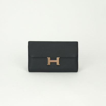 Hermes Constance Long Wallet Epsom Noir Black Pink Gold