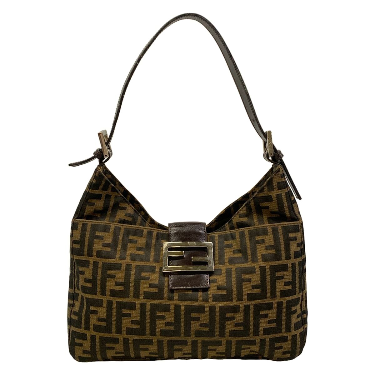 Fendi Shoulder Bag Zucca Pattern Brown Black Dark Leather