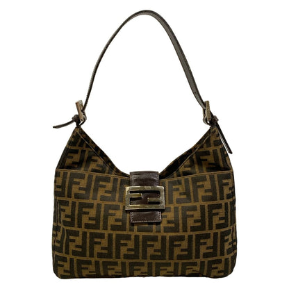 Fendi Shoulder Bag Zucca Pattern Brown Black Dark Leather