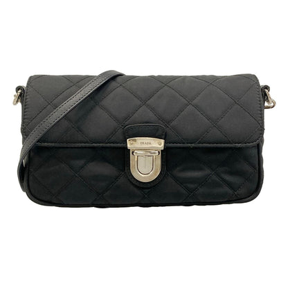 Prada Shoulder Bag Black Quilted Removable Strap Leather