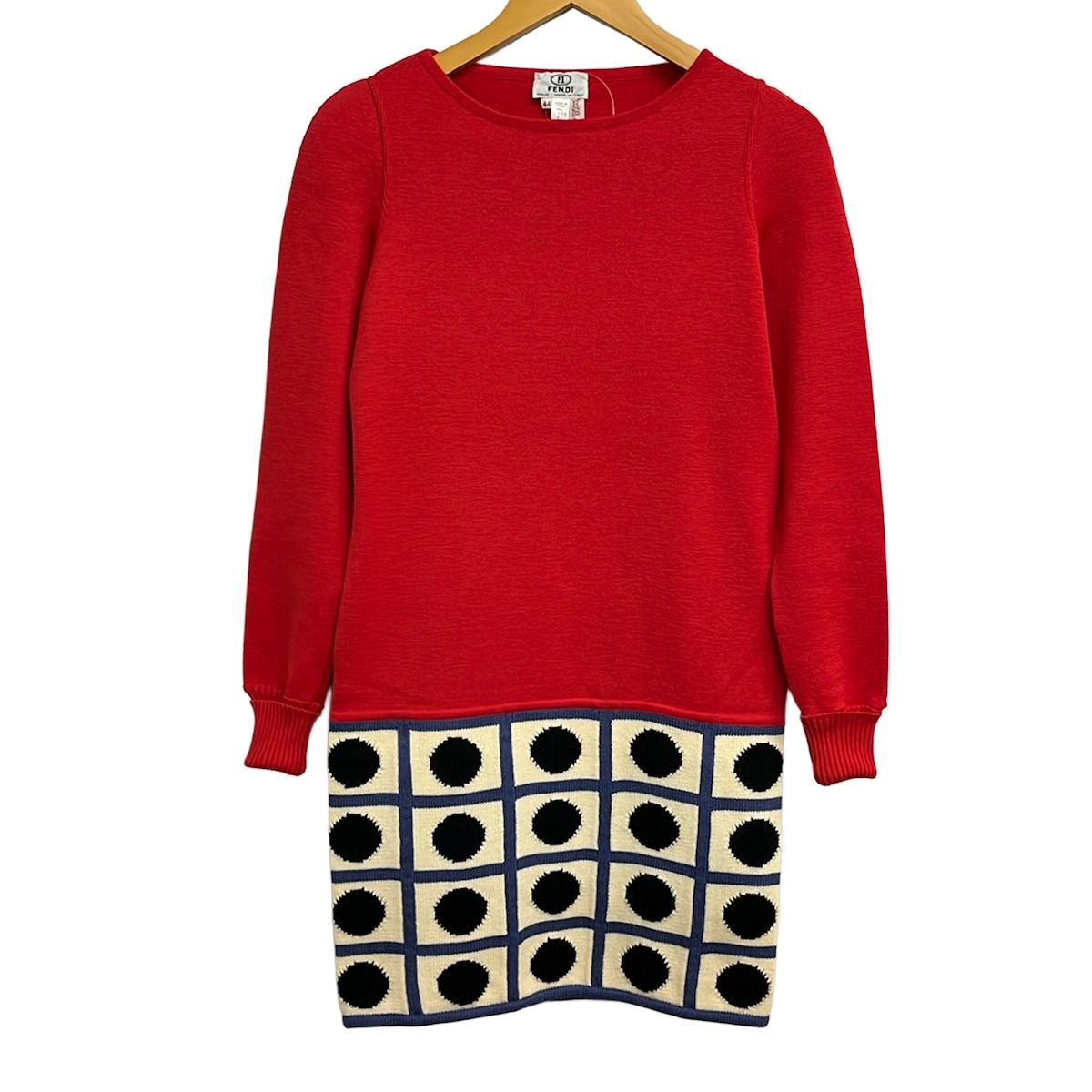 Fendi Dress 44 L Red Ivory Multi Wool Long Sleeve Crew