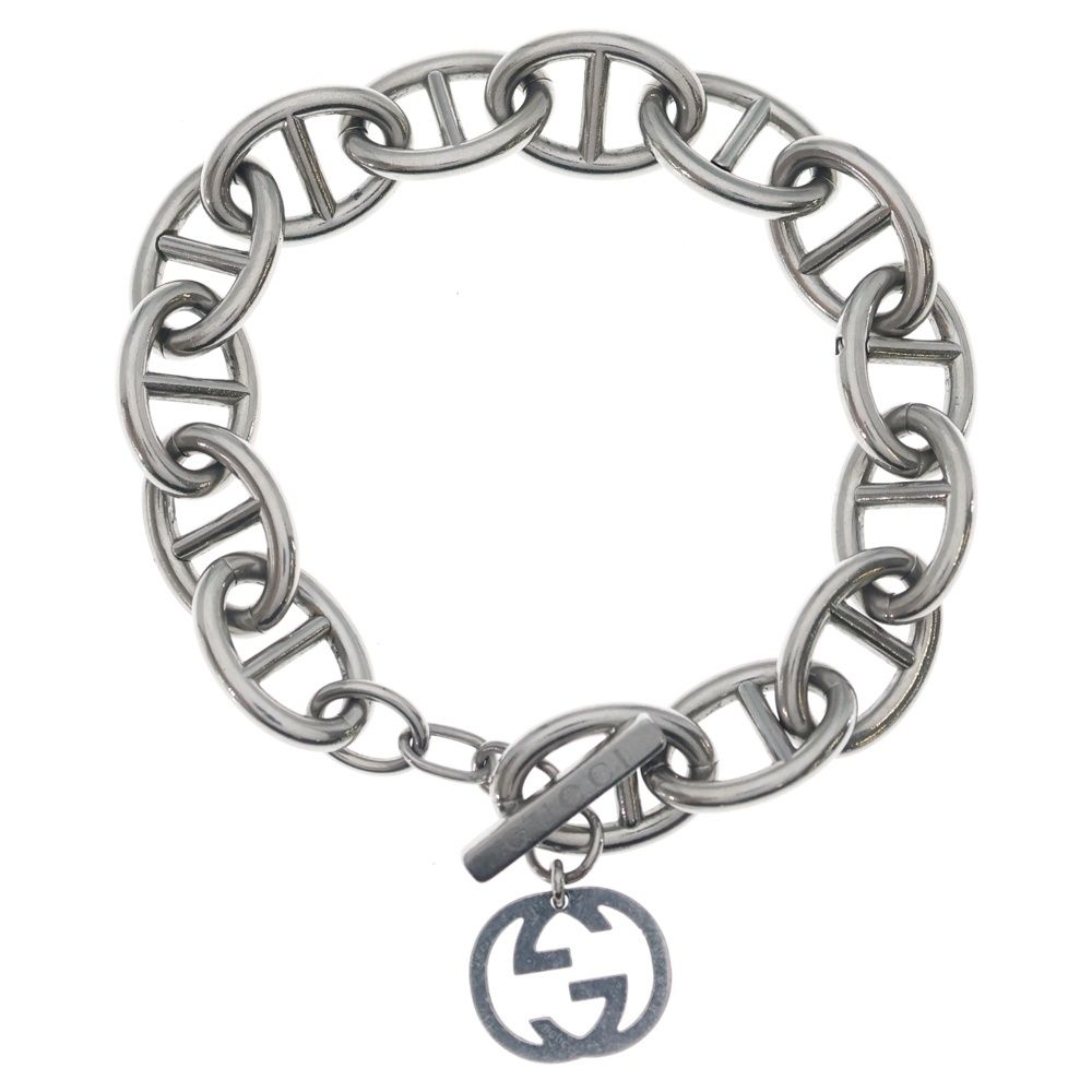 Gucci GG Logo Charm Anchor Chain Bracelet Silver