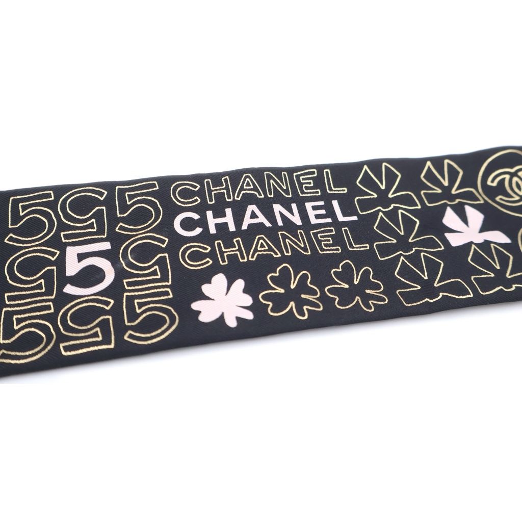 Chanel CC Logo Clover Silk Twill Scarf Black Pink — view 5