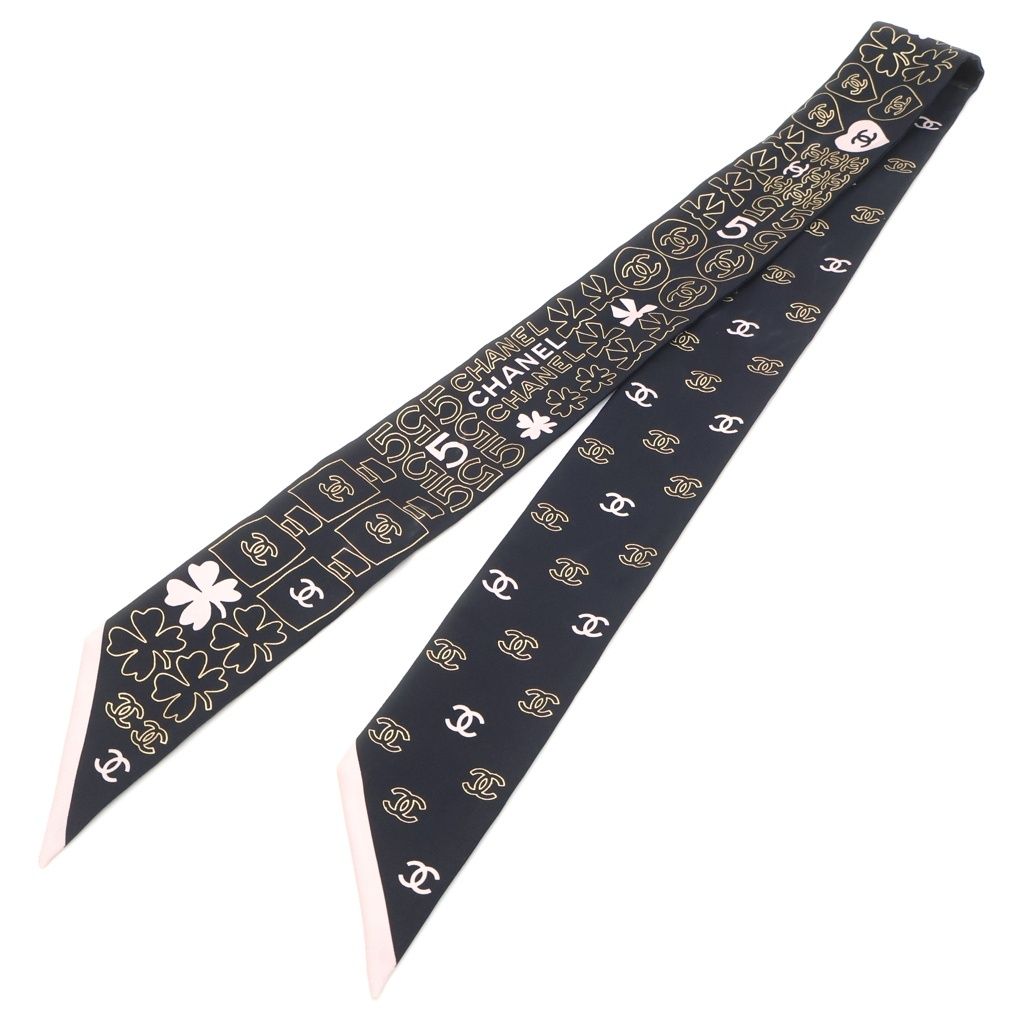 Chanel CC Logo Clover Silk Twill Scarf Black Pink