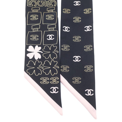 Chanel CC Logo Clover Silk Twill Scarf Black Pink — view 4