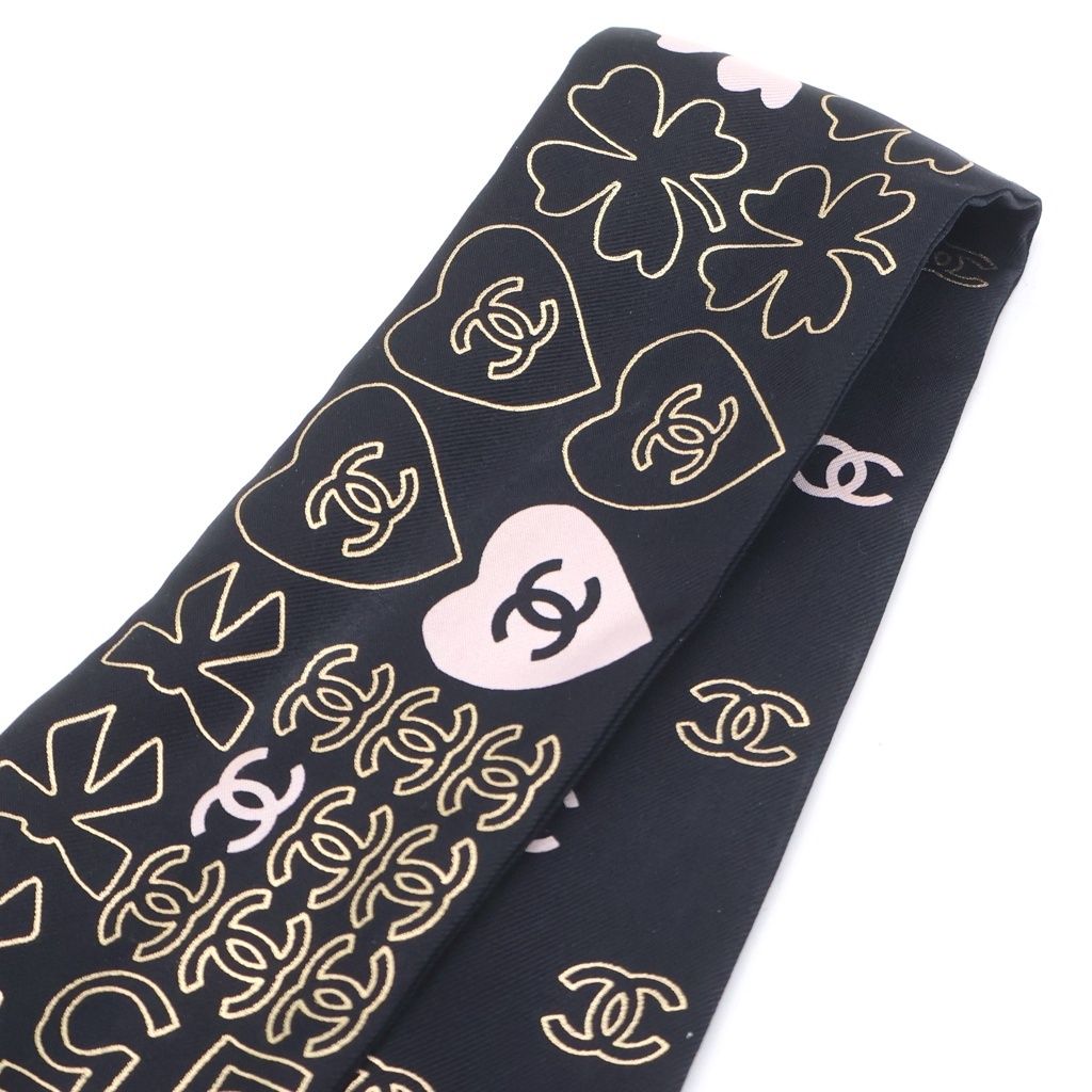 Chanel CC Logo Clover Silk Twill Scarf Black Pink — view 2