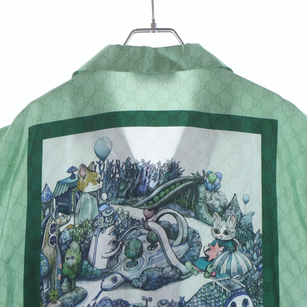 Gucci Higuchi Yuko Silk Twill All Over Pattern Short Sleeve Shirt Green — view 4