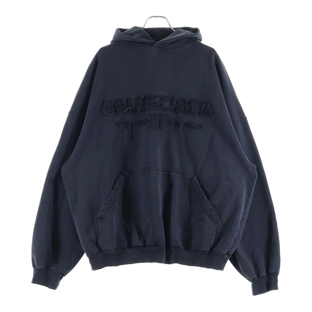 Balenciaga Distressed Front Logo Embroidery Pullover Hoodie Black