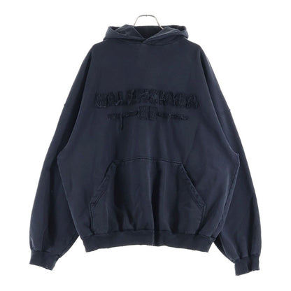 Balenciaga Distressed Front Logo Embroidery Pullover Hoodie Black