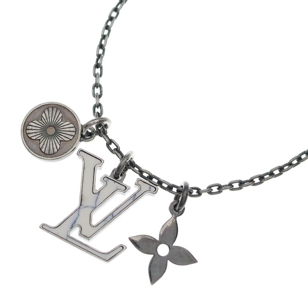 Louis Vuitton LV Initial Pendant Necklace Chain Gunmetal White