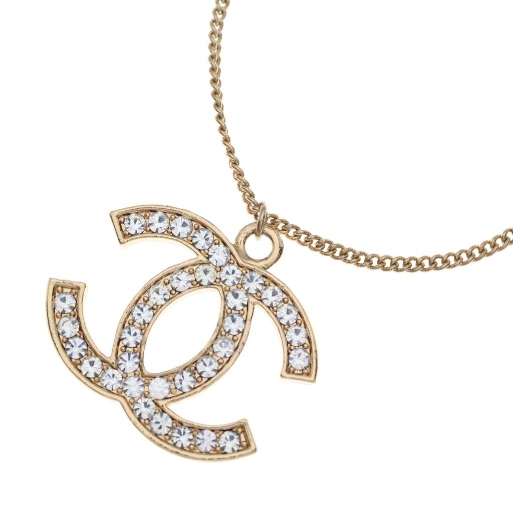 Chanel CC Logo Line Stone Necklace Pendant Chain Gold