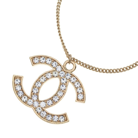 Chanel CC Logo Line Stone Necklace Pendant Chain Gold