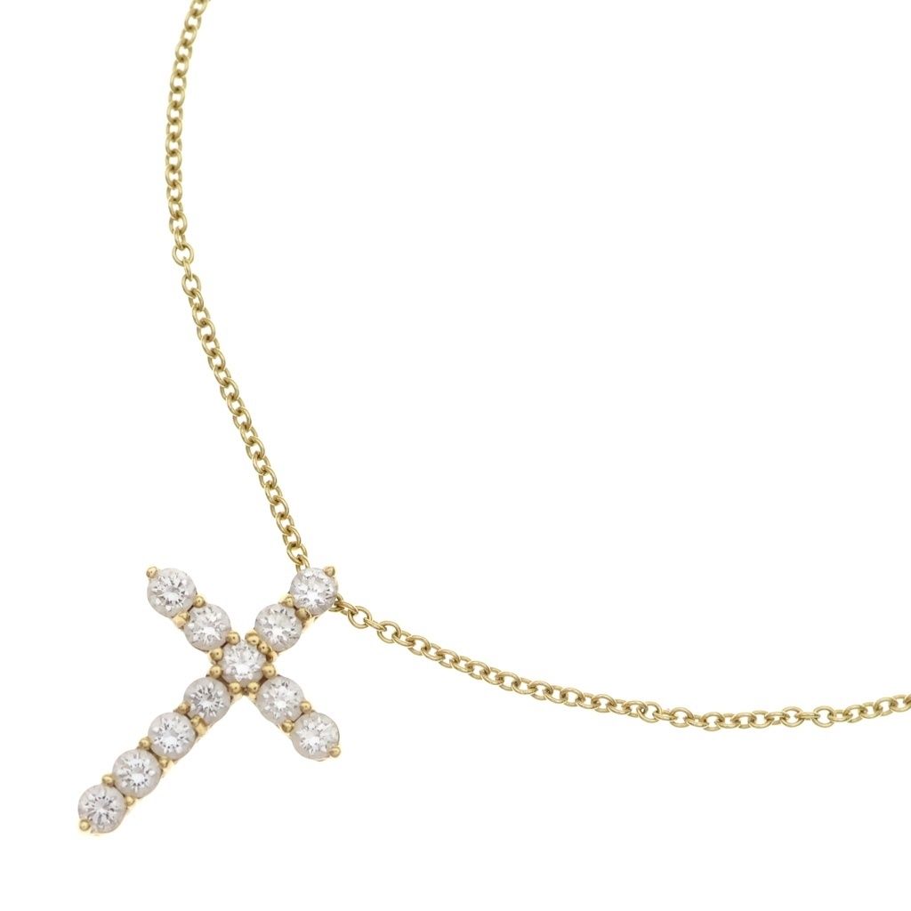 Tiffany & Co Small Cross Diamond Necklace Pendant Chain Gold