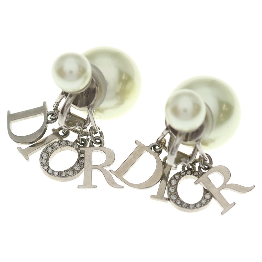 Dior CD Tribal Logo Faux Pearl Line Stone Earrings Silver