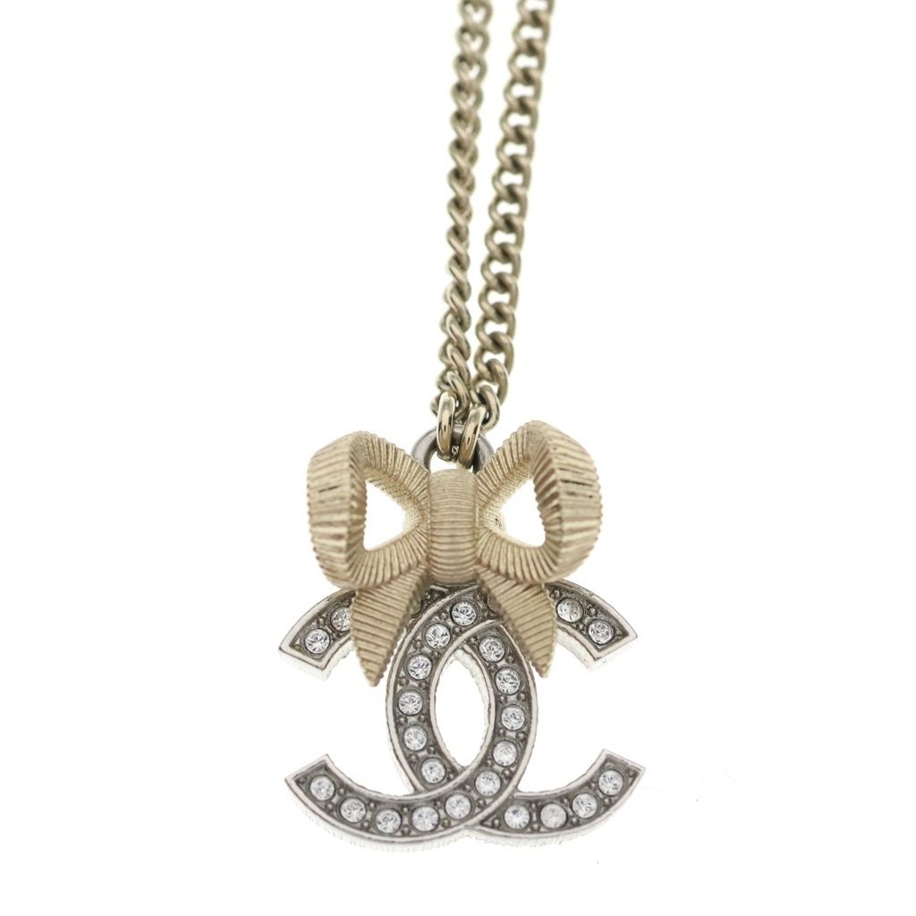 Chanel CC Logo Ribbon Line Stone Necklace Pendant Chain Gold — view 3