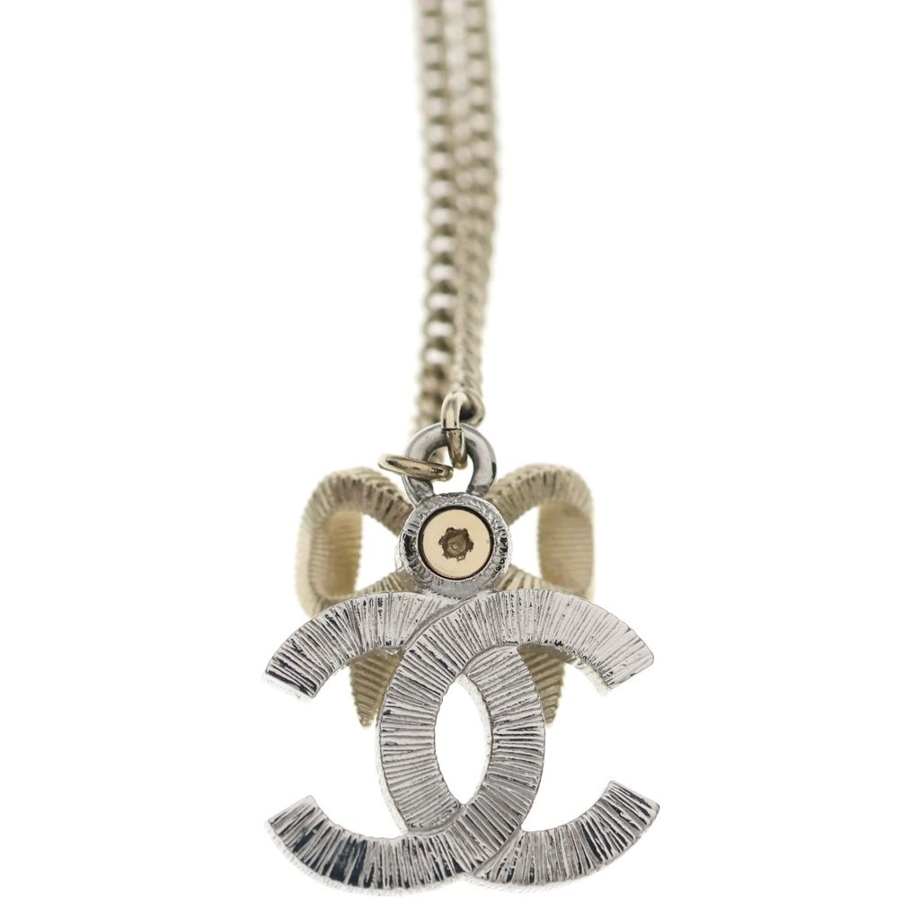 Chanel CC Logo Ribbon Line Stone Necklace Pendant Chain Gold — view 5