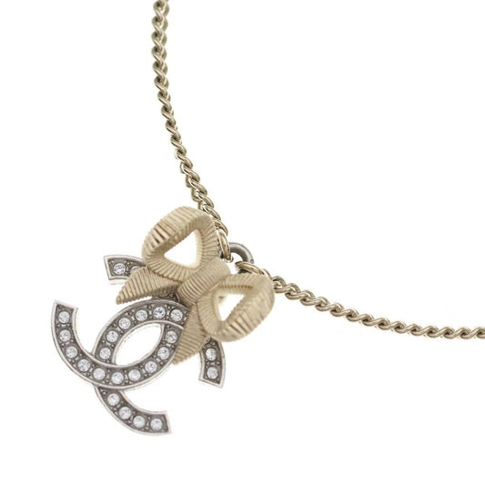 Chanel CC Logo Ribbon Line Stone Necklace Pendant Chain Gold