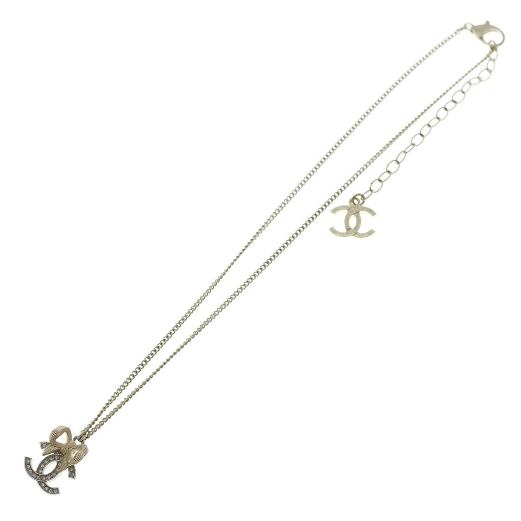 Chanel CC Logo Ribbon Line Stone Necklace Pendant Chain Gold — view 2