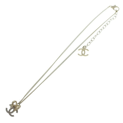 Chanel CC Logo Ribbon Line Stone Necklace Pendant Chain Gold — view 2