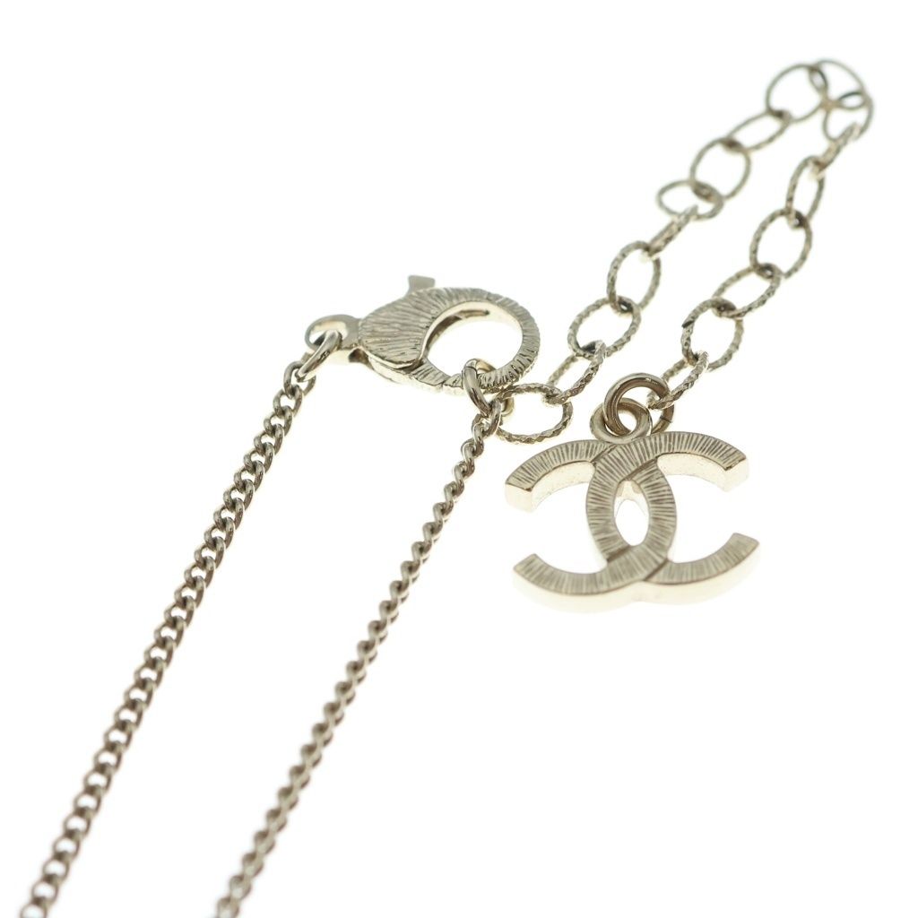 Chanel CC Logo Ribbon Line Stone Necklace Pendant Chain Gold — view 4