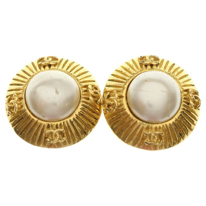 Chanel CC Logo Faux Pearl Round Earrings Gold