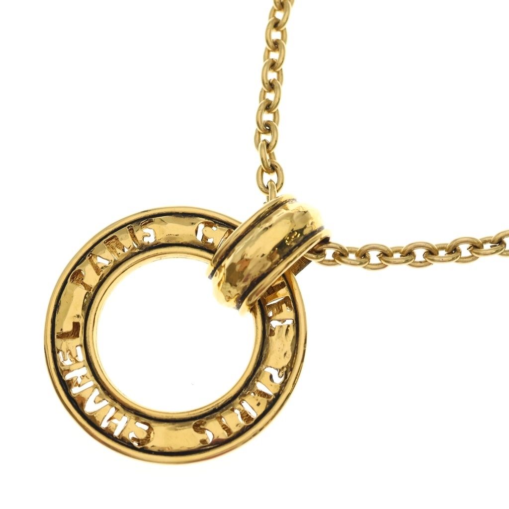Chanel Logo Circle Round Long Chain Necklace Gold