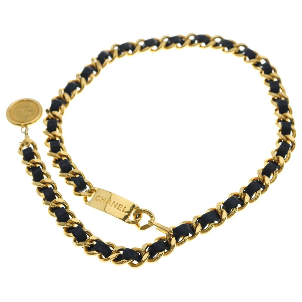 Chanel Cambon CC Logo Plate Leather Chain Belt Gold