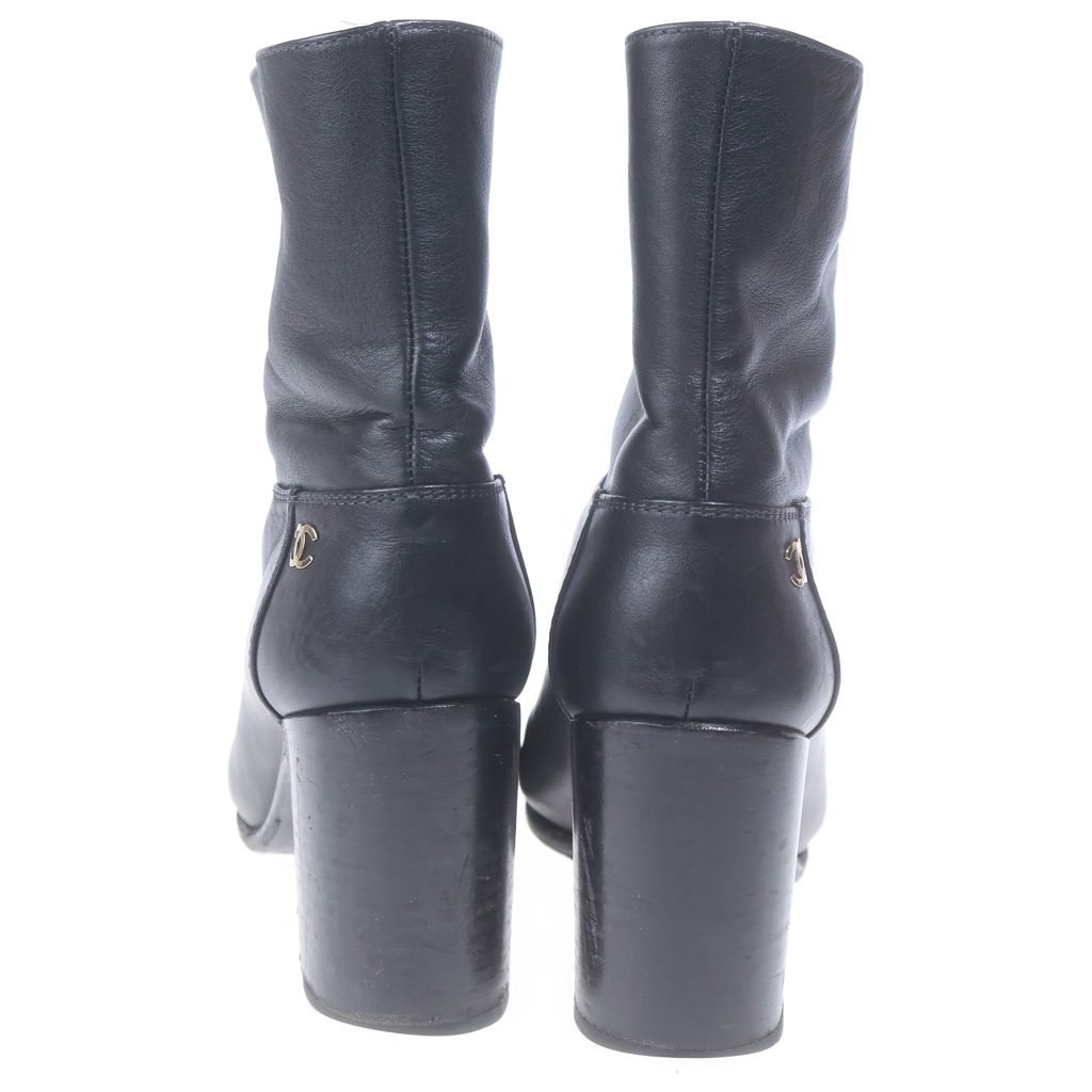 Chanel CC Logo Leather Heels Short Boots Shoes Black — view 3