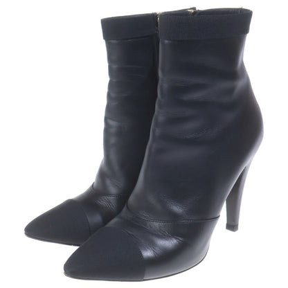 Chanel Logo Plate Leather Heels Pointed Toe Side Zip Short Boots Shoes Black — view 2