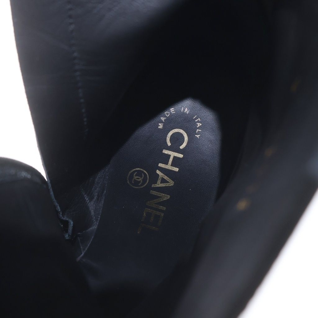 Chanel Logo Plate Leather Heels Pointed Toe Side Zip Short Boots Shoes Black — view 4