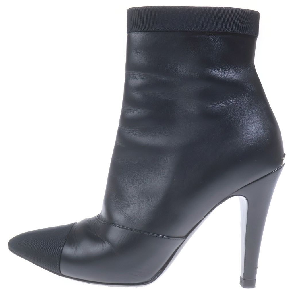 Chanel Logo Plate Leather Heels Pointed Toe Side Zip Short Boots Shoes Black