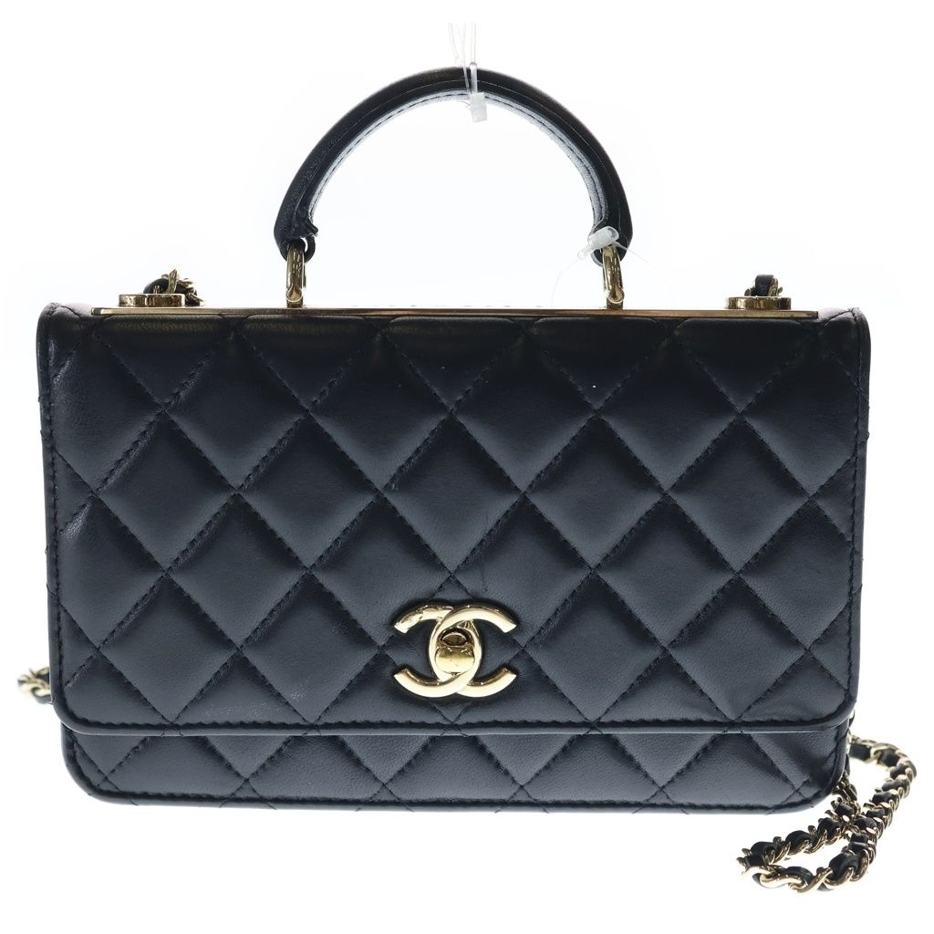 Chanel Quilted Lambskin Chain Wallet Shoulder Bag Black Gold