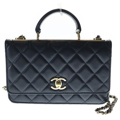 Chanel Quilted Lambskin Chain Wallet Shoulder Bag Black Gold