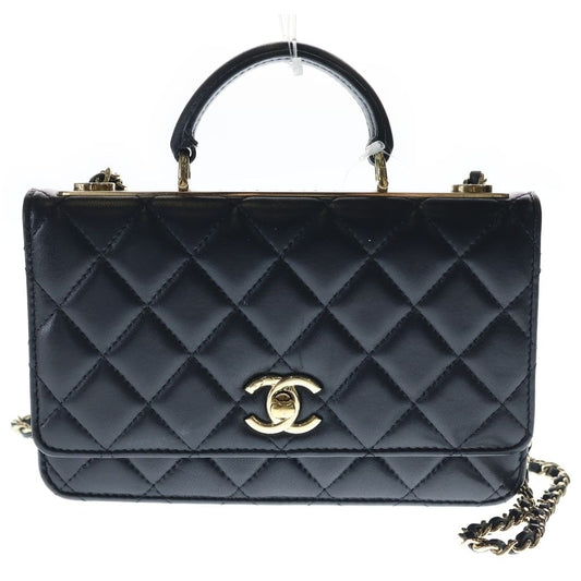 Chanel Quilted Lambskin Chain Wallet Shoulder Bag Black Gold