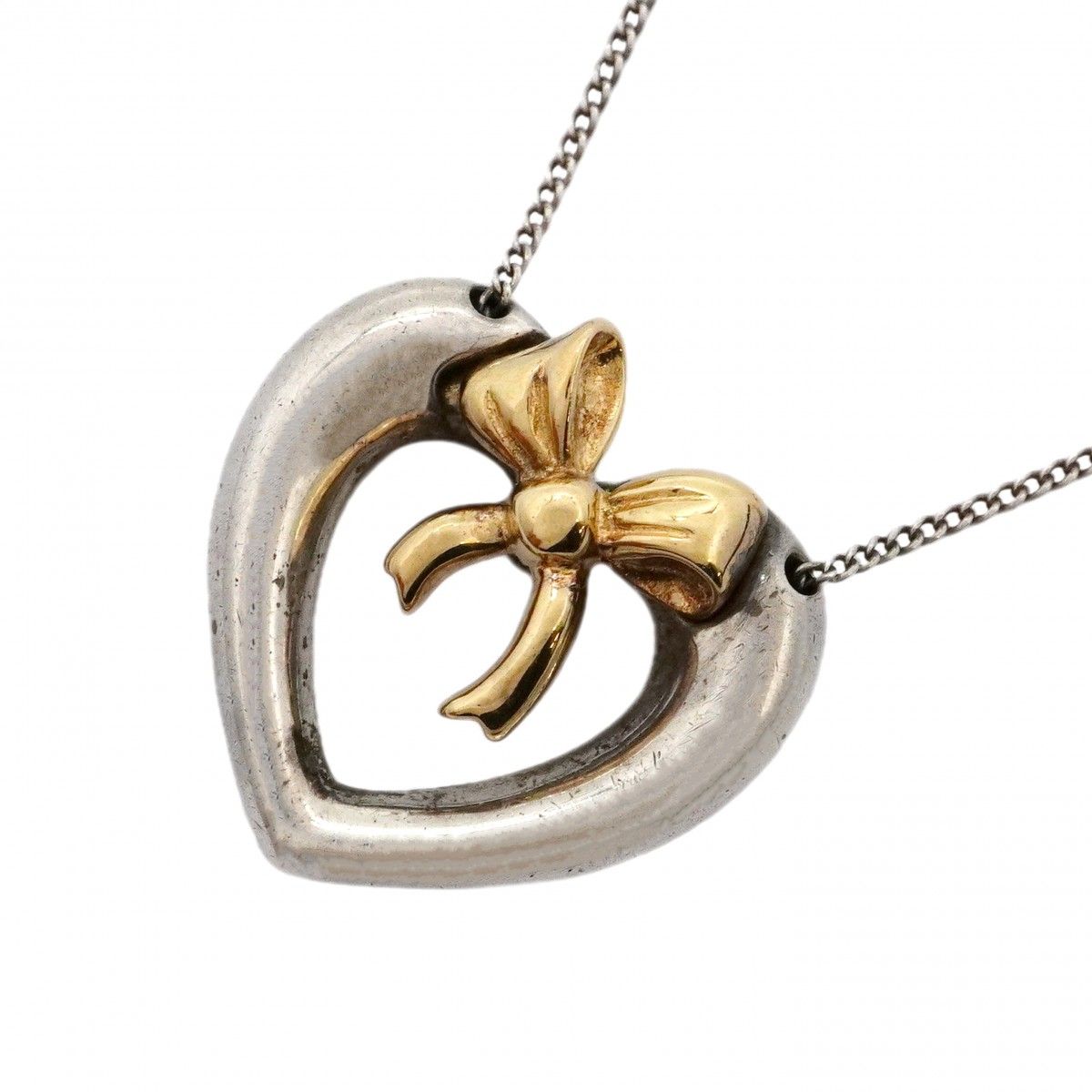 Tiffany & Co Necklace Heart Ribbon 18k Yellow Gold 925 Sterling Silver
