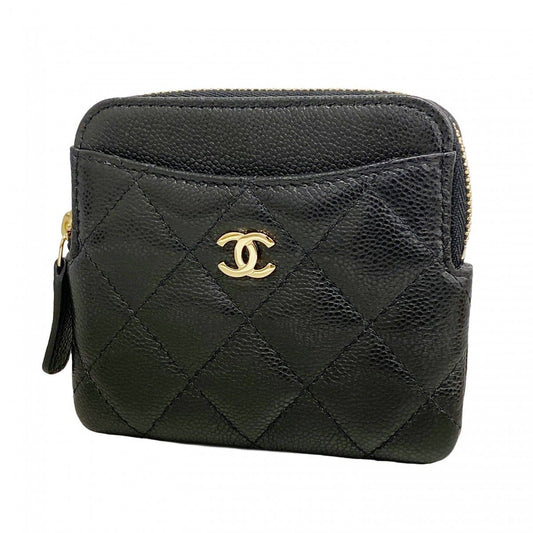 Chanel Coin Case Quilted Caviar Leather Black Champagne Gold
