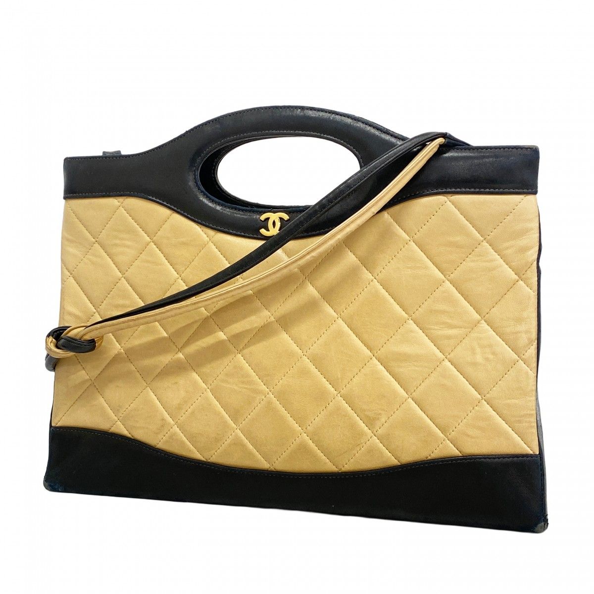 Chanel Handbag Quilted Lambskin Beige Black Gold 2-Way Bag