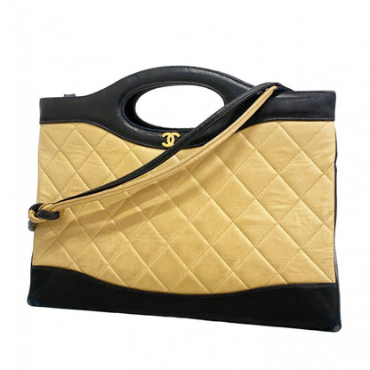 Chanel Handbag Quilted Lambskin Beige Black Gold 2-Way Bag