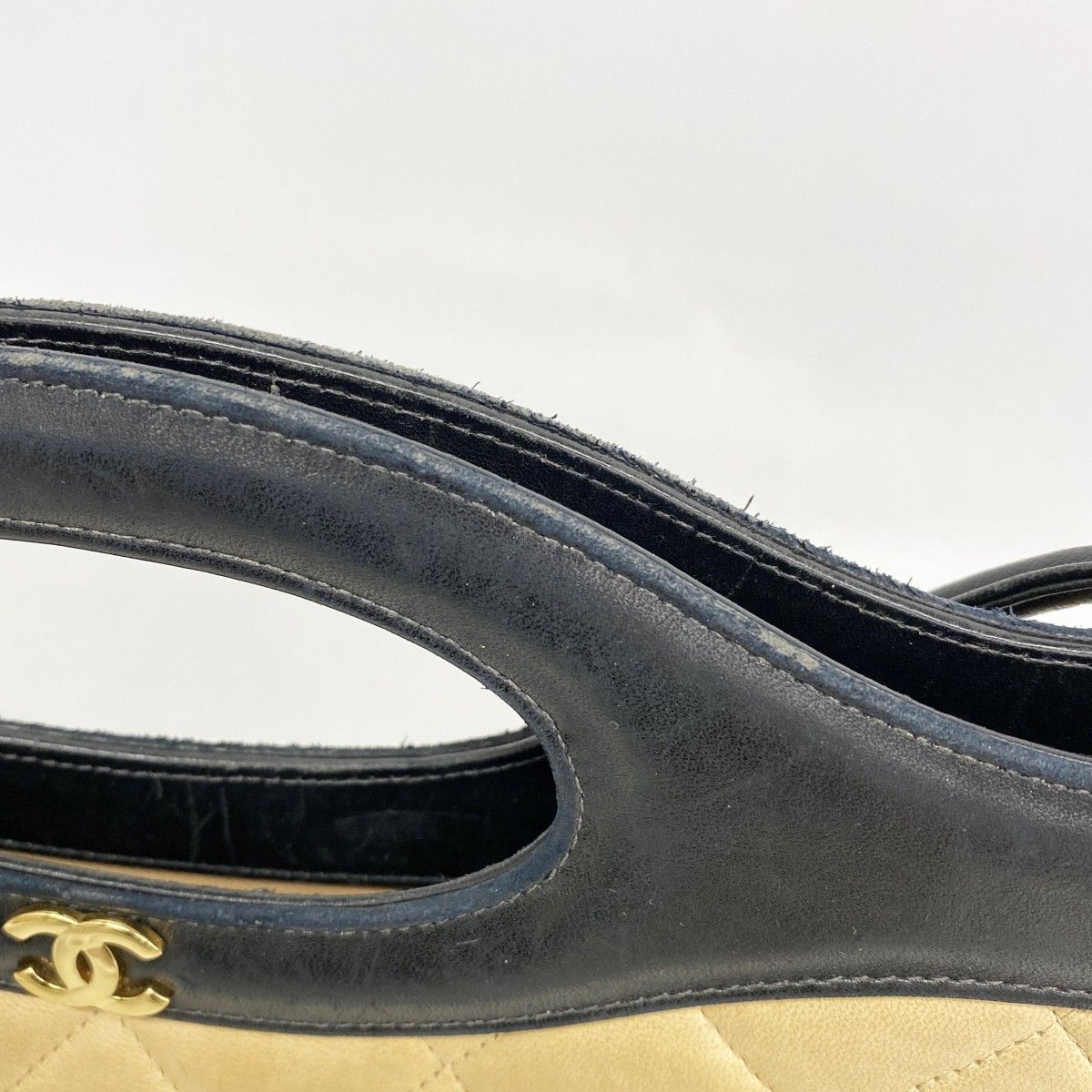 Chanel Handbag Quilted Lambskin Beige Black Gold 2-Way Bag — view 9