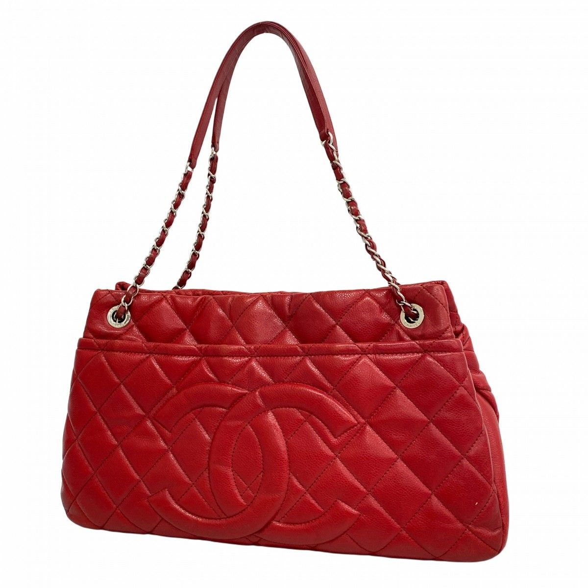 Chanel Chain Tote Quilted Caviar Leather Red Silver