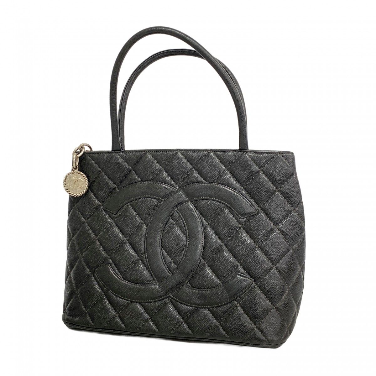 Chanel Tote Medallion Caviar Leather Black Silver