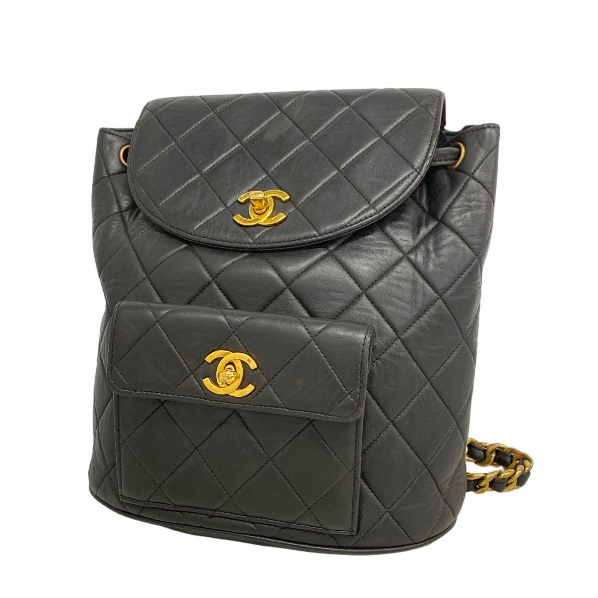 Chanel Backpack Quilted Lambskin Black Gold
