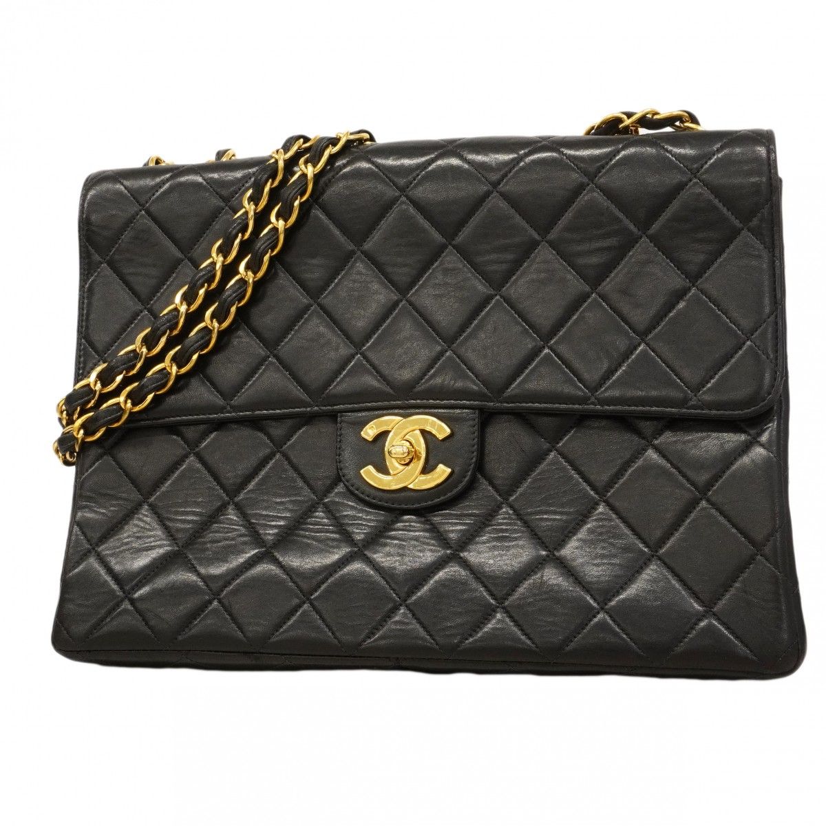 Chanel Shoulder Bag Big Quilted Lambskin Black Gold