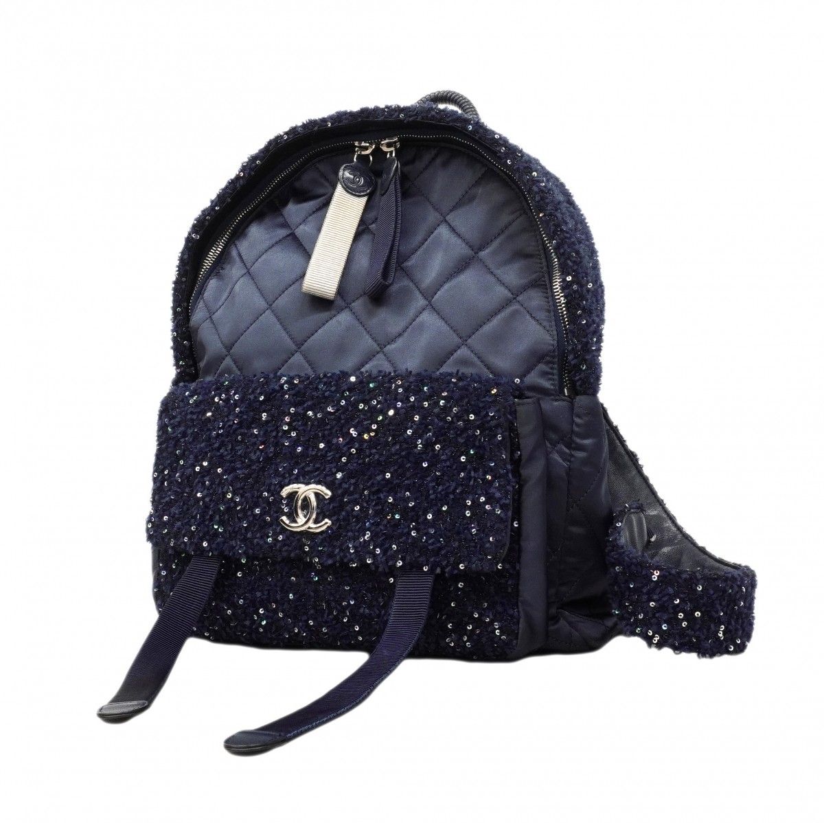 Chanel Backpack Quilted Nylon Tweed Navy Silver