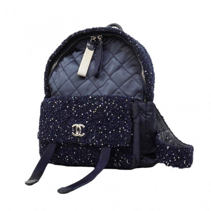 Chanel Backpack Quilted Nylon Tweed Navy Silver
