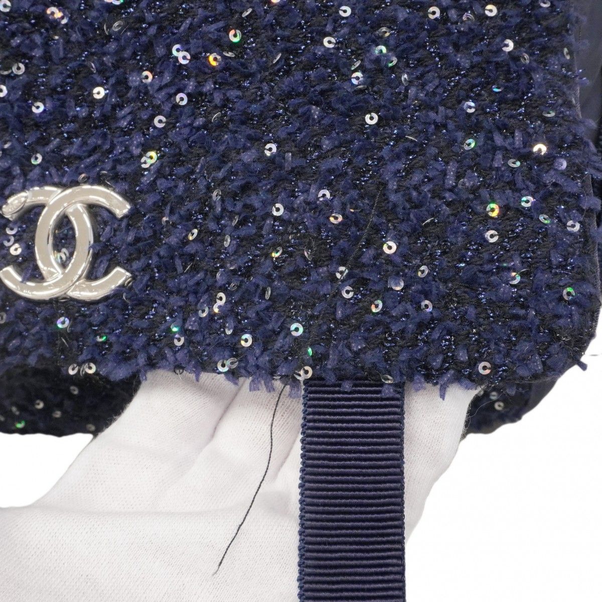 Chanel Backpack Quilted Nylon Tweed Navy Silver — view 8