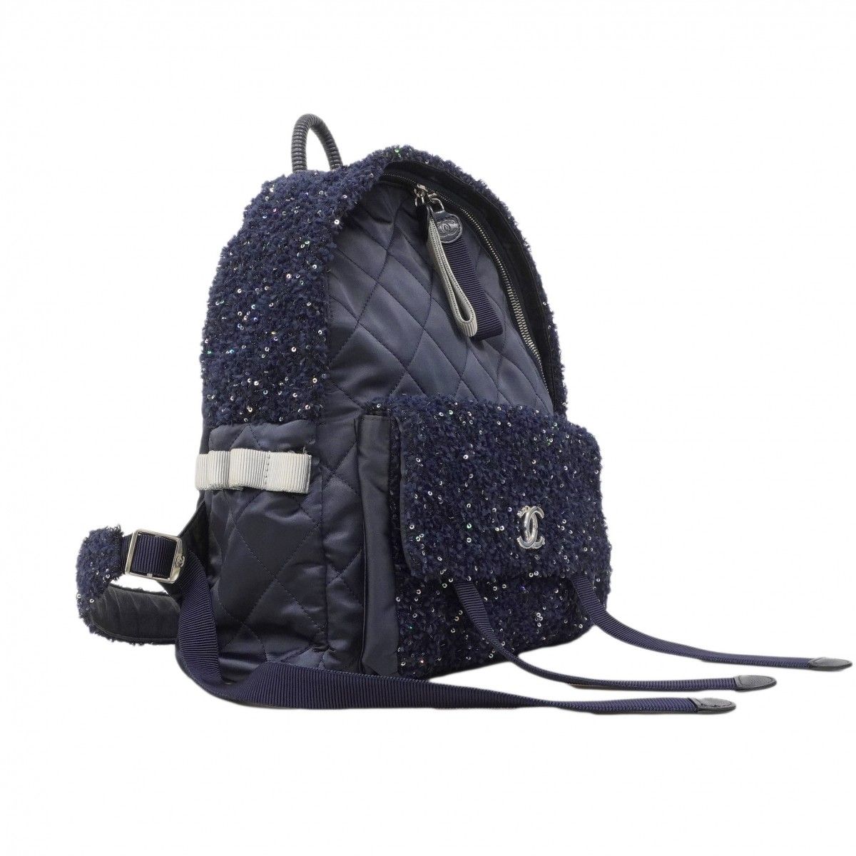Chanel Backpack Quilted Nylon Tweed Navy Silver — view 2
