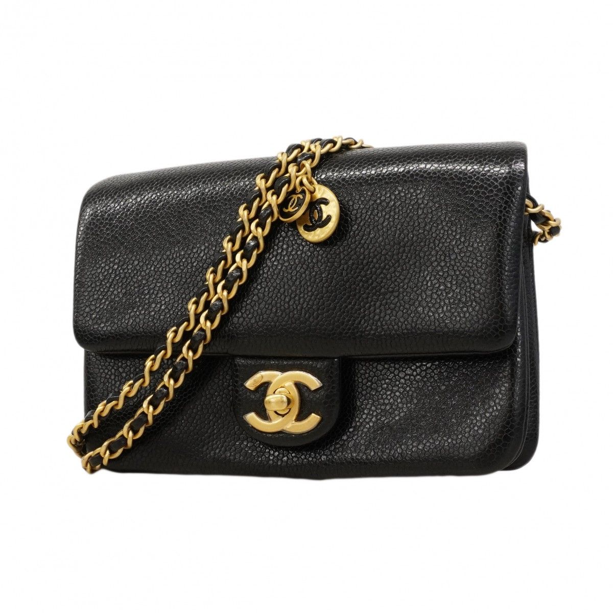 Chanel Shoulder Bag Caviar Leather Black Gold