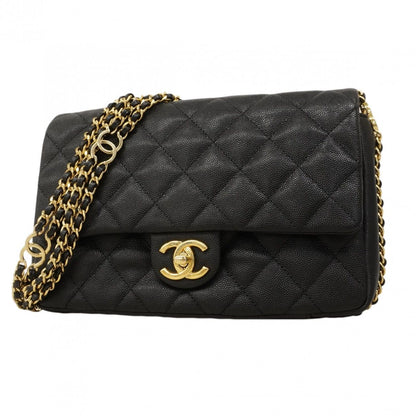 Chanel Shoulder Bag Quilted Caviar Leather Black Gold