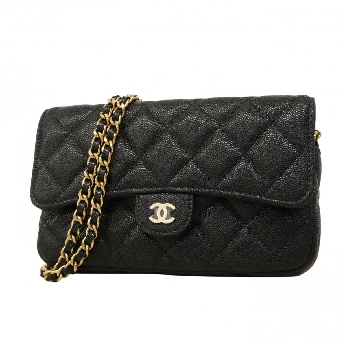 Chanel Shoulder Bag Quilted Caviar Leather Black Champagne Gold